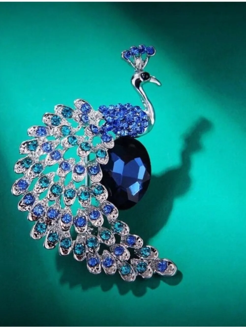 Anthropologie Silver Peacock Brooch with Blue and Teal Crystals